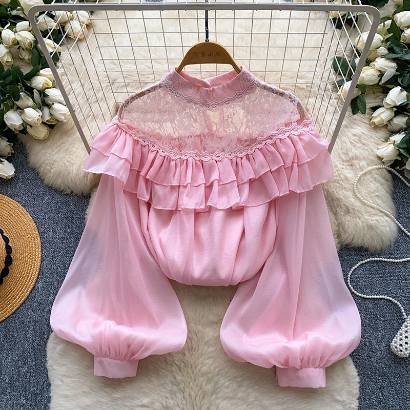 French Lantern Sleeve Lace Patchwork Shirt for Women in Spring Autumn Oversized with Ruffled Edges Loose Pink Bloouse Top W116