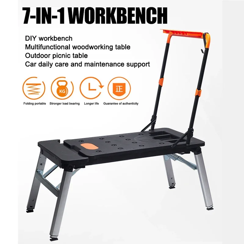 

7- in -1 Multifunctional Workbench DIY Woodworking Table Portable Trolley Folding with Wheels Workshop To-ol Outing Handcart
