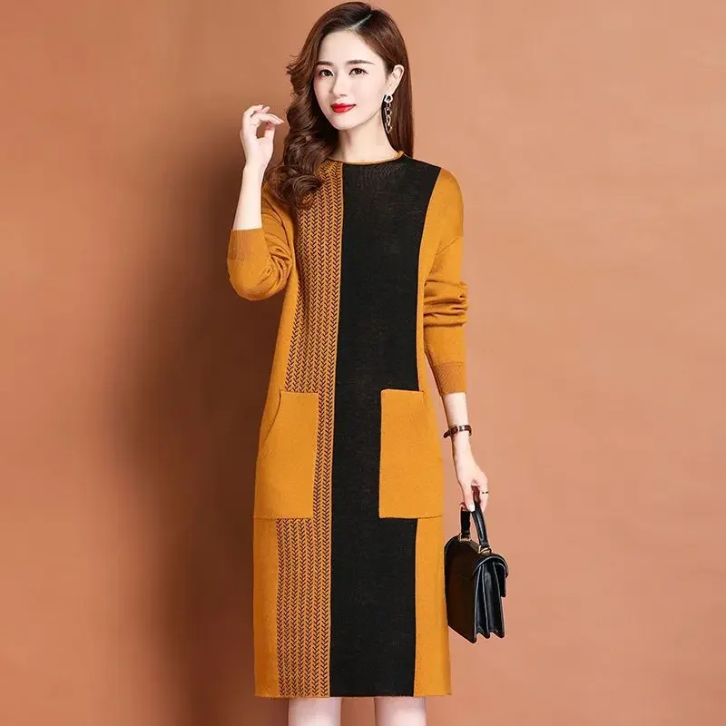 

QNPQYX Oversize Women Knitting Sweater Dress For Autumn Winter New Fashion Patchwork Pockets O-neck Slim Female A-Line Dresses