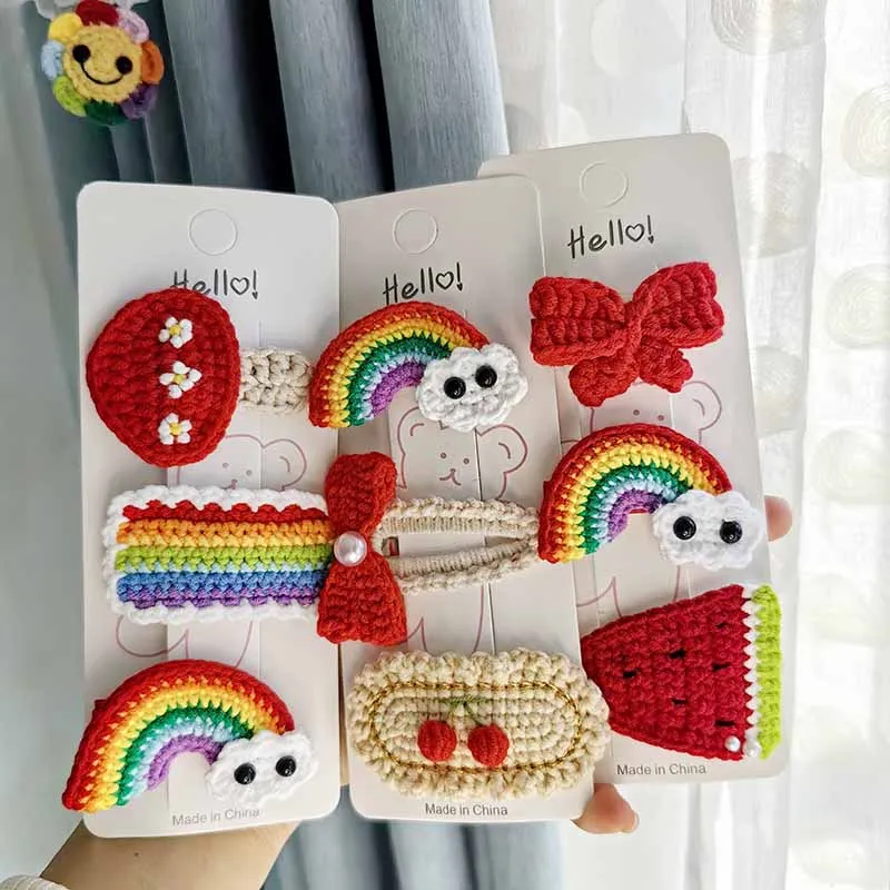 

3Pcs Handmade Crochet Children Lovely Hair Clip Wool Knitting Hairpins Cartoon Cat Pink Pig Elegant Hair Accessories