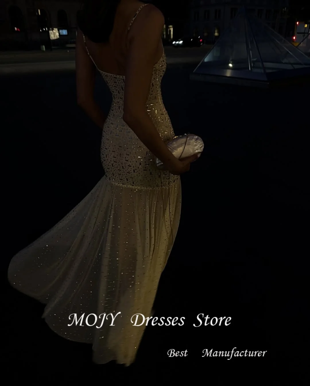 Mojy カスタマイズされたスパゲッティストラップグリッターイリュージョンプロムドレスサイドハイスリットセクシーなドレスフロアレングスパーティードレス