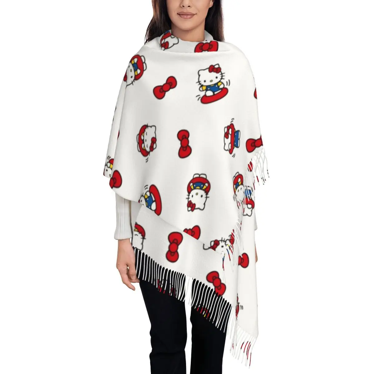 

Hello Kitty Kawaii Bows Scarf for Womens Warm Winter Pashmina Shawls and Wrap Long Large Scarves with Tassel Ladies