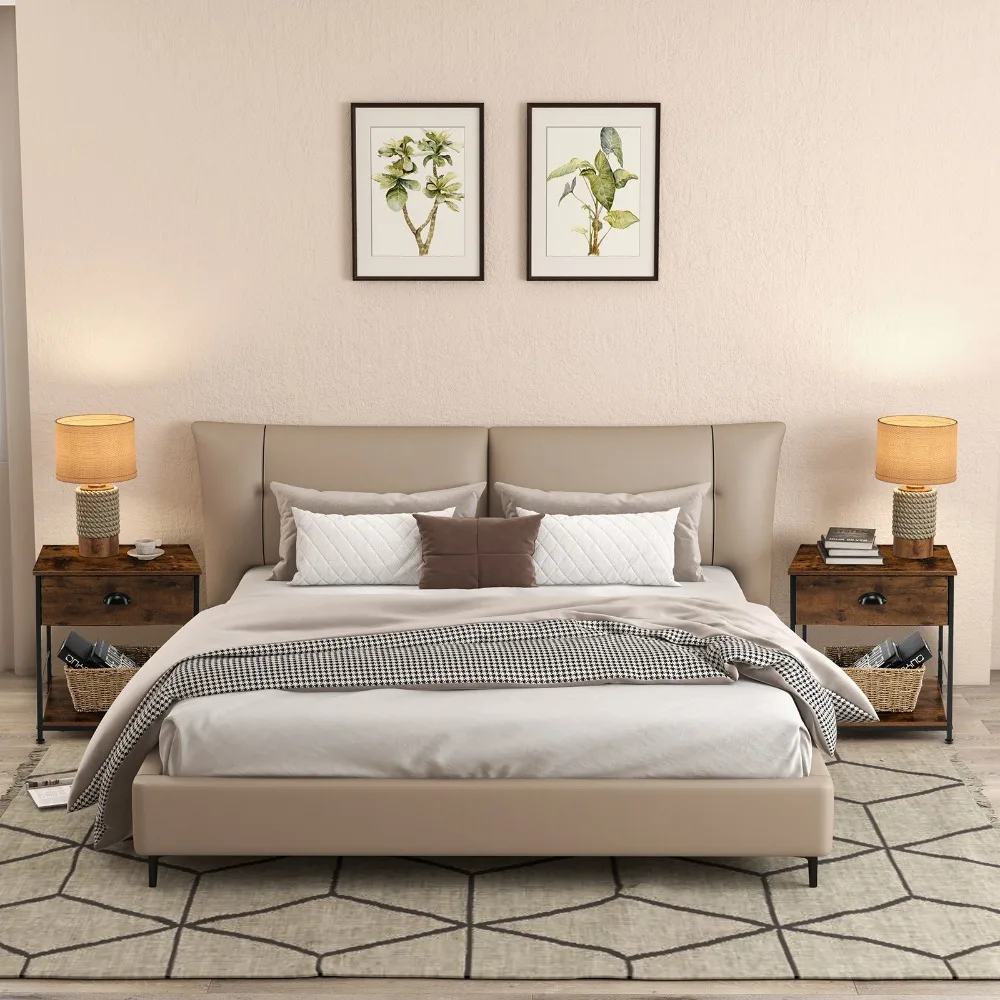 2 PCS 2-Tier Nightstand Bedside Sofa Side Table w/Table Top & Drawer &Open Shelf