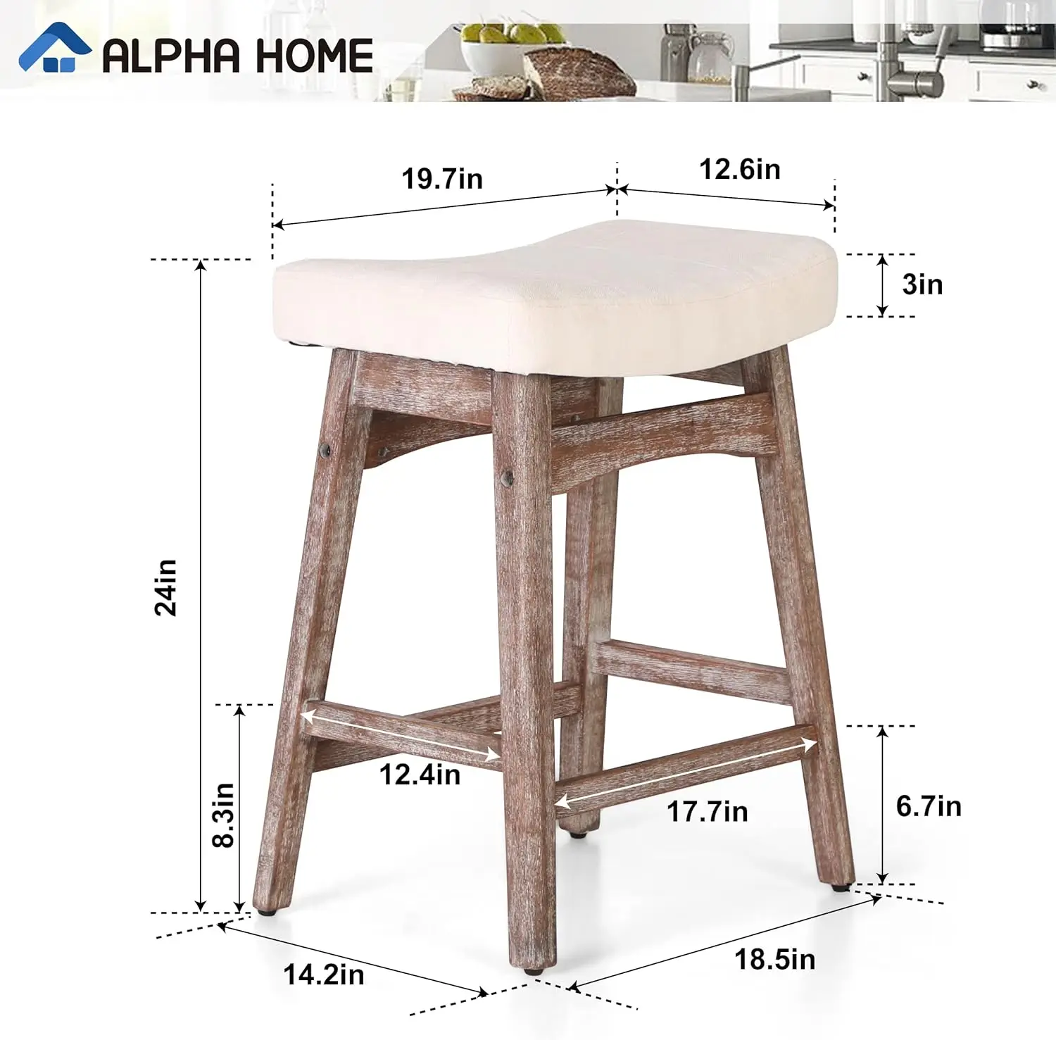 Alpha Home Barhocker 2er-Set, Massivholz Sattel Küchen hocker mit beige Leinen Stoff Kissen Gegen höhe Barhocker mit