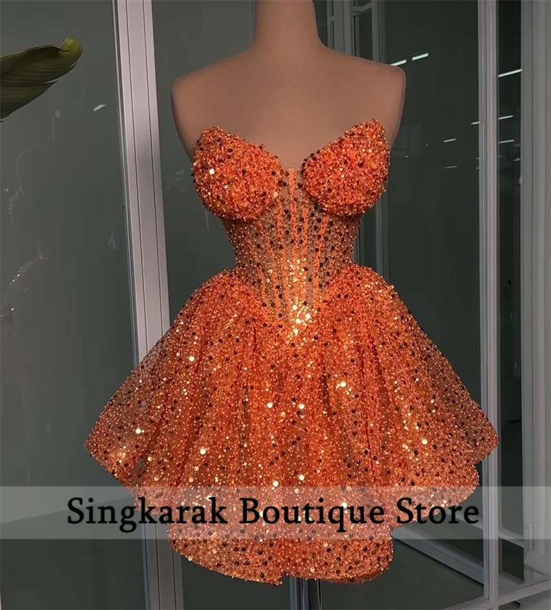 Glitter Orange Sweetheart Prom Dresses Beads Sequins Pearls Luxury Cocktails Dress Homecoming Birthday Party Gowns Customized