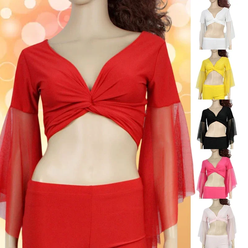 yesWomen Lace-up Belly Dance Tops Long Flare Sleeve Shawl Shrug Bolero Yoga Indian Dance Practice Tops Stage Performance Costume