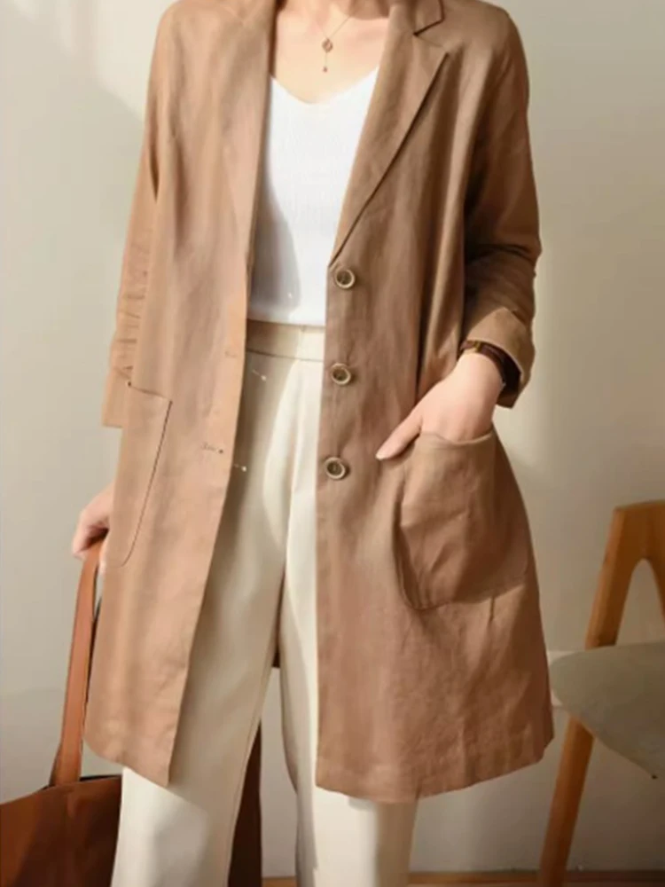 

Cotton Linen Suit Jaet Women's Casual Long Sve Commute Faion Spring Autumn Loose Fit Classic Sle Button ket Detail