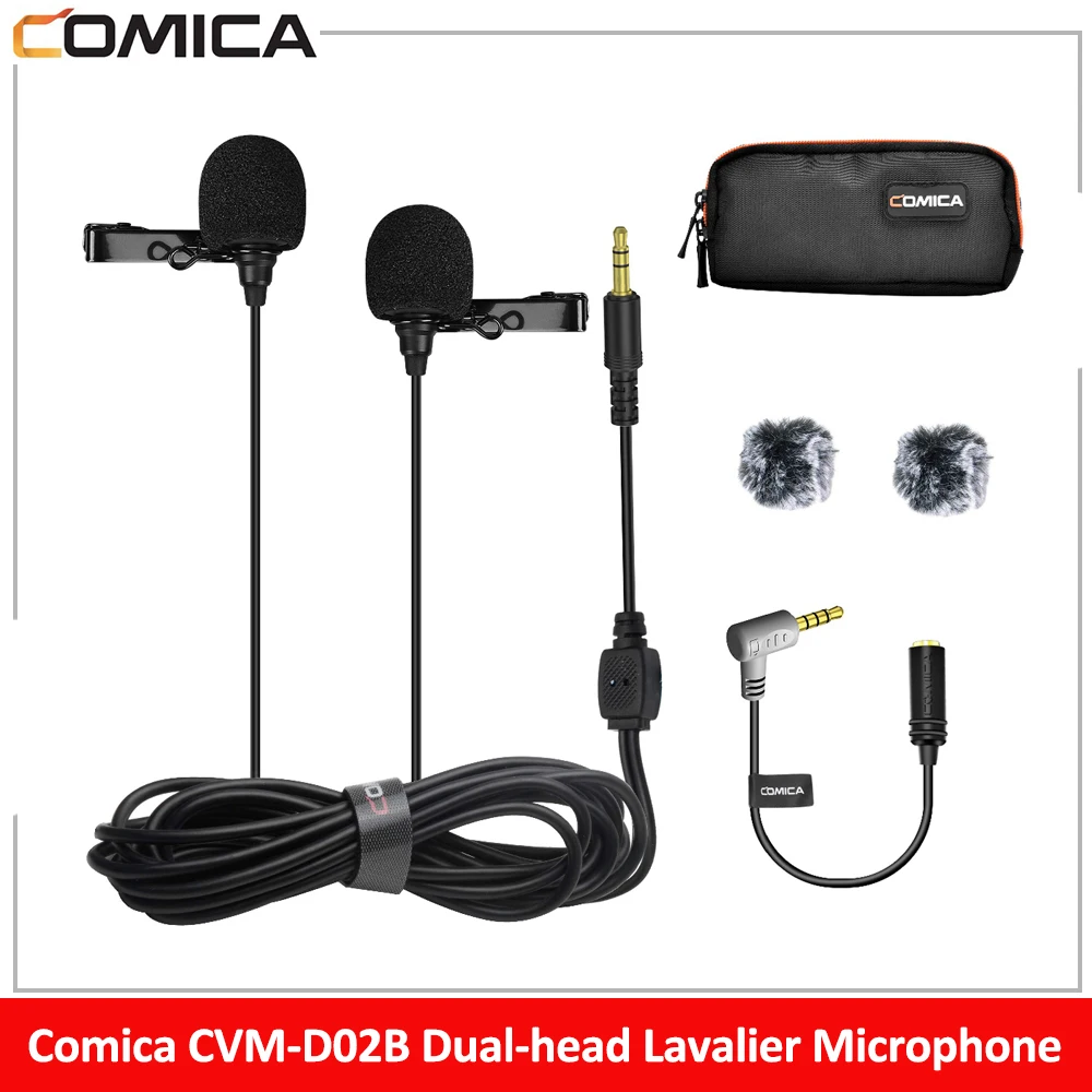 Comica-CVM-D02B Microfone Lavalier de cabeça dupla, condensador, omnidirecional, microfone para telefone, câmera, GoPro