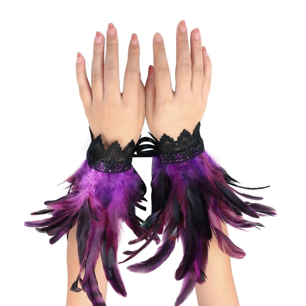 Vintage Black Fluffy Feather Wrist Cuffs Lace Lightweight Plume Bracelet Gothic Punk Wristband Themed Party