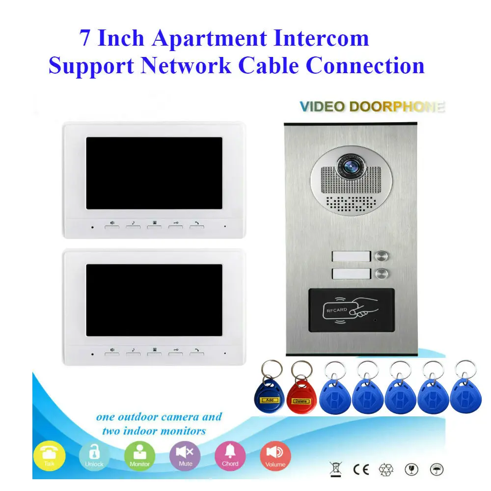 SmartYIBA Network Cable Wired Apartment Video Door Phone Doorbell Intercom System 7 Inch Monitor No Need Power RFID Door Camera