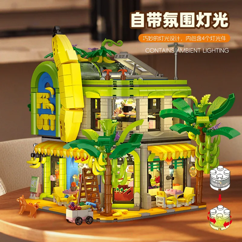 

Collectible Banana Shop Street View Building Blocks Model Delicate Assembly Architectural Ornament Creative Bricks Toys For Room