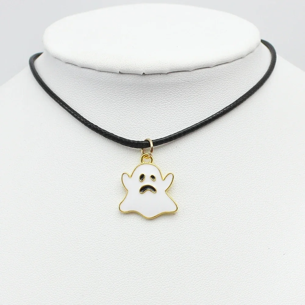 Trend Enamel Ghost Witch Short Pendant Choker Chain Necklace for Women Black Leather Wax Cord Halloween DIY Jewelry Accessories