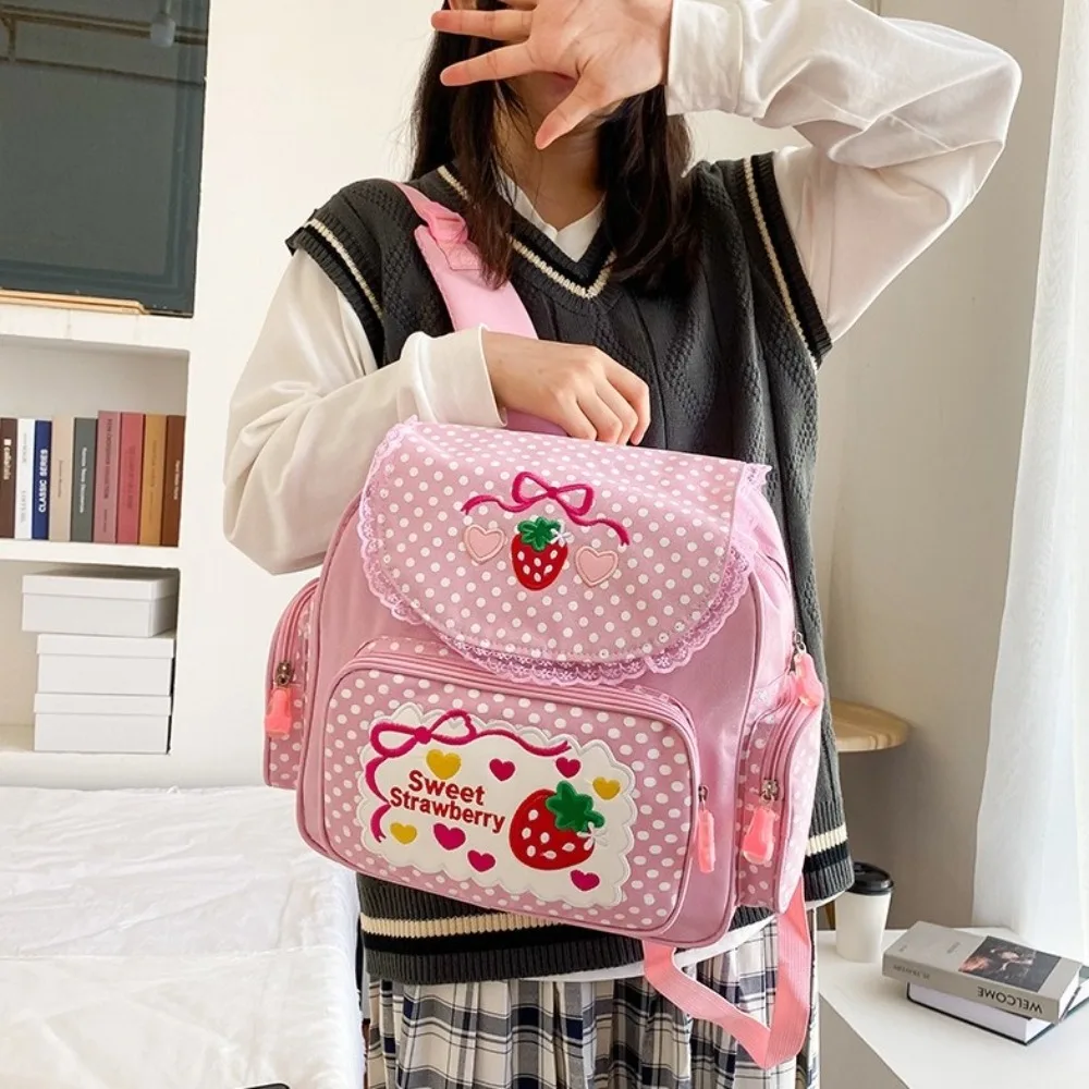 Sweet Cartoon Strawberry School Bag Bow Embroidery Girl Backpack Multi-Pocket Large Capacity Student Rucksack Teenager
