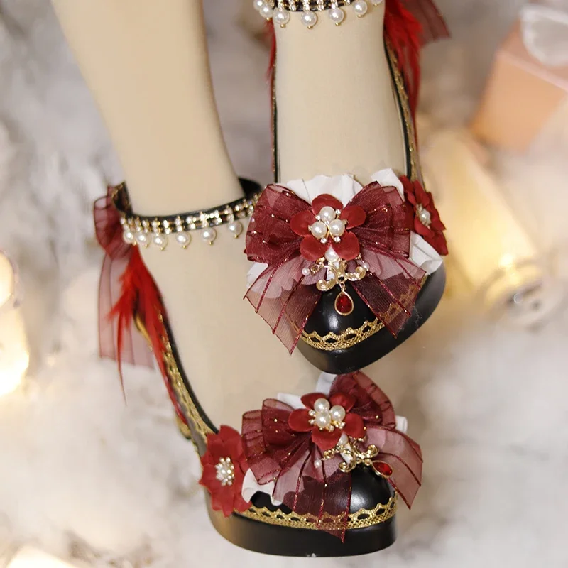 Original One Night Story: Ancient European Style Lolita Shoes Prisoner Cow Handmade Flower Wedding High Heels Lolita Black/red