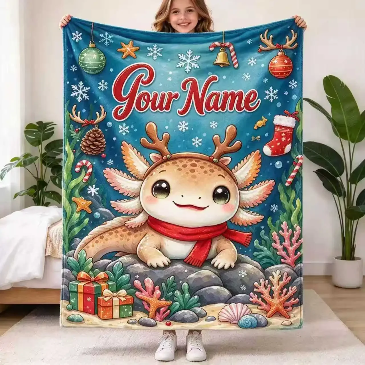 Custom Christmas Axolotl Blankets Personalized Name Soft Flannel Throw Blankets Cartoon Salamander Xmas Gift Home Sofa Bed Decor