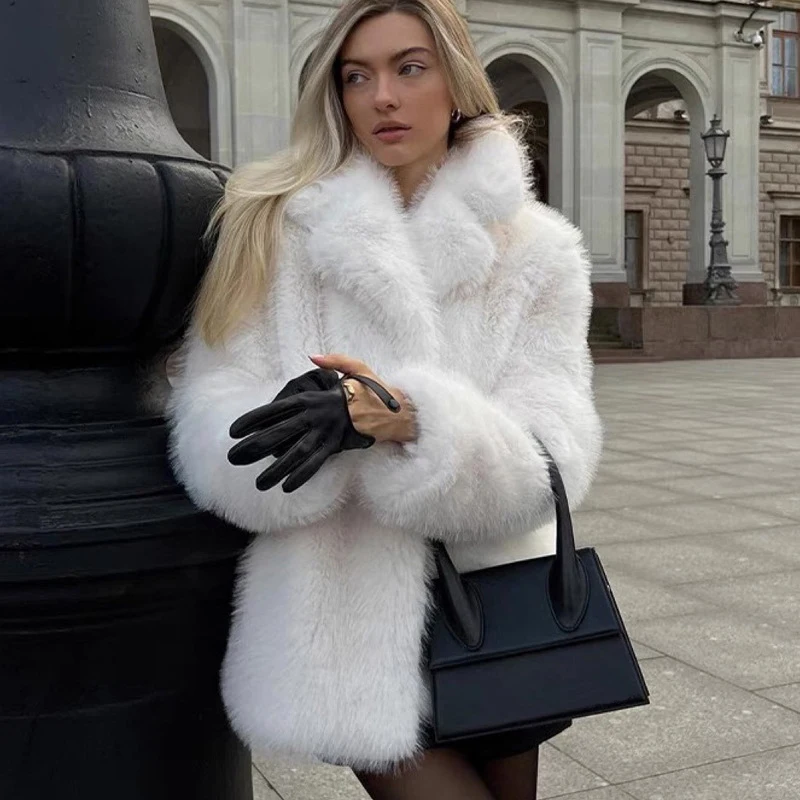 Luxury Brand Fashion Fluffy Furry Faux Fur Jacket Women Winter Shaggy Overcoats Lapel Thick Warm Long Fox Fur Coat Outerwear