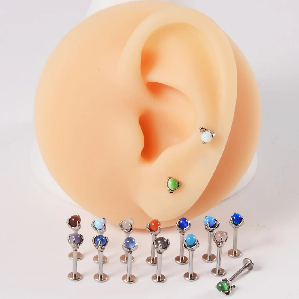 1PC 361L Surgical Steel Dragon Claw With Opalite Center Labret Lip Ring Ear Cartilage Tragus Helix Piercing Screw Fit Top 16g