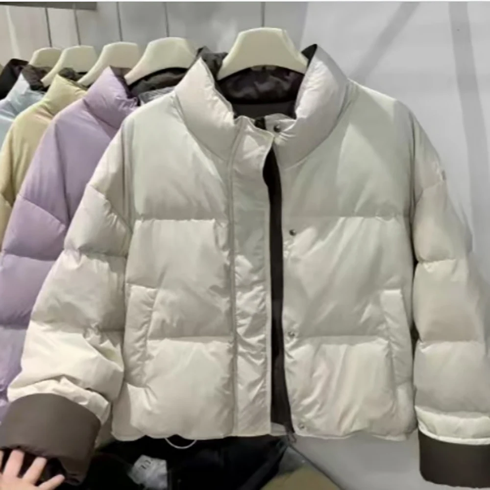 Casual Lose Frauen Winter Baumwolle Mäntel 2025, Neue Einfarbig Dicke Warme Stehkragen Jacken Kurze Baumwolle Brot Parkas