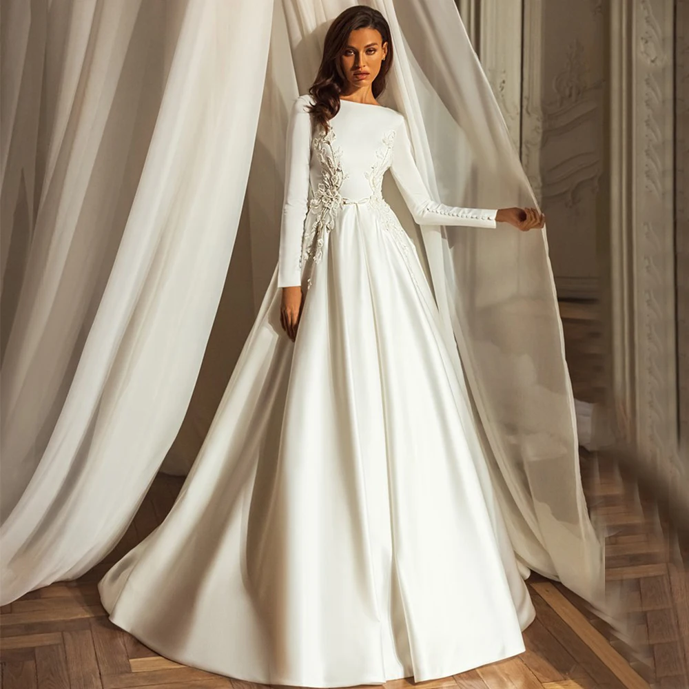

Scoop Neck Long Sleeves Wedding Dress with Applique A-Line Floor Length Bridal Sweep Train Scoop Neck Marriage Custom Made Gowns
