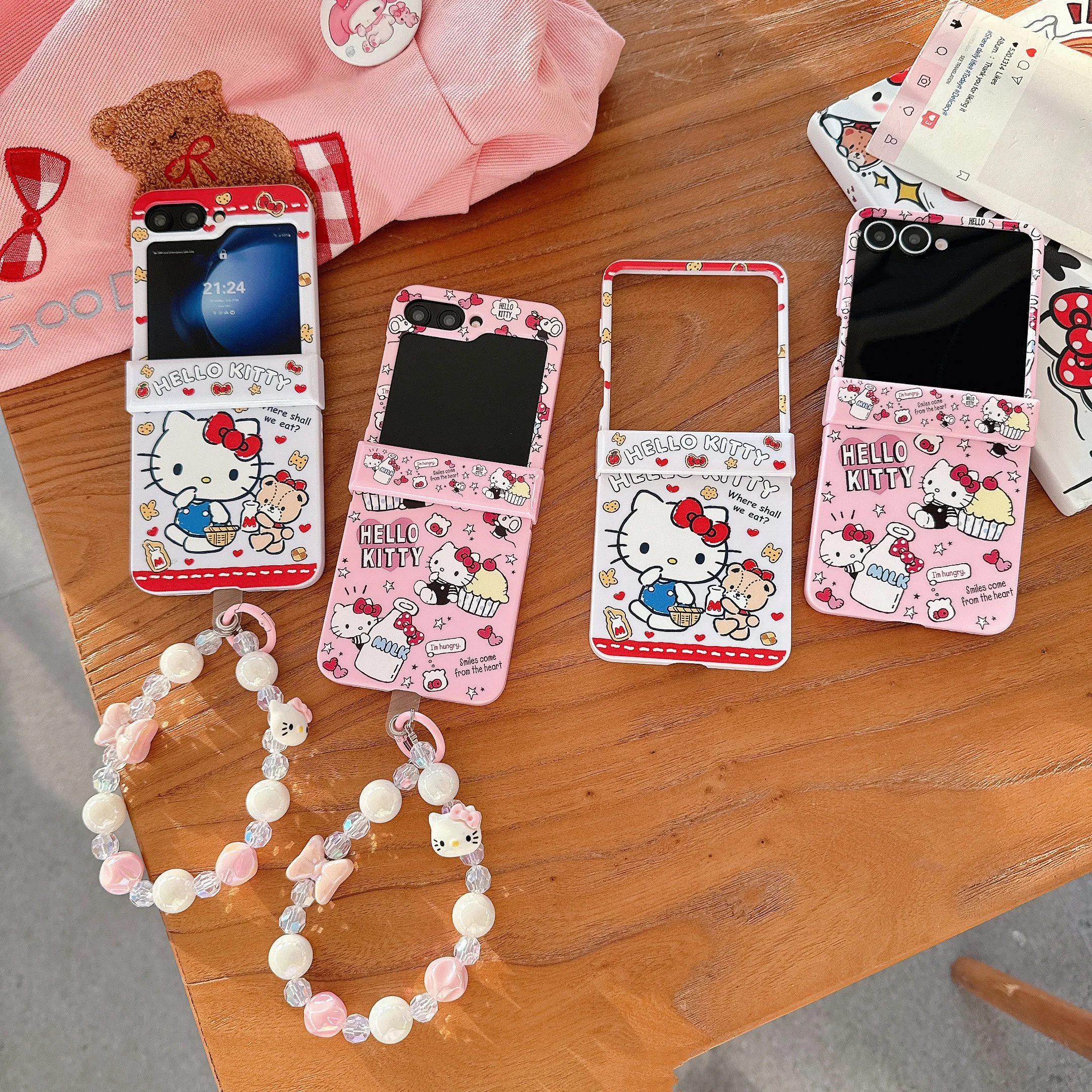 Rosa para Hello Kitty Super Kawaii bonito postre de galletas con cordón para Samsung Galaxy Z Flip 7 Z Flip 6 Z Flip 5/4/3