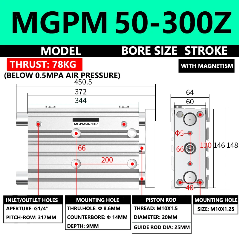 ABILKEEN MGPM50-300Z Pneumatic Compact Guide Cylinder 50MM Bore X 300MM Stroke Three Axis Three Rod Pneumatic Air Cylinder