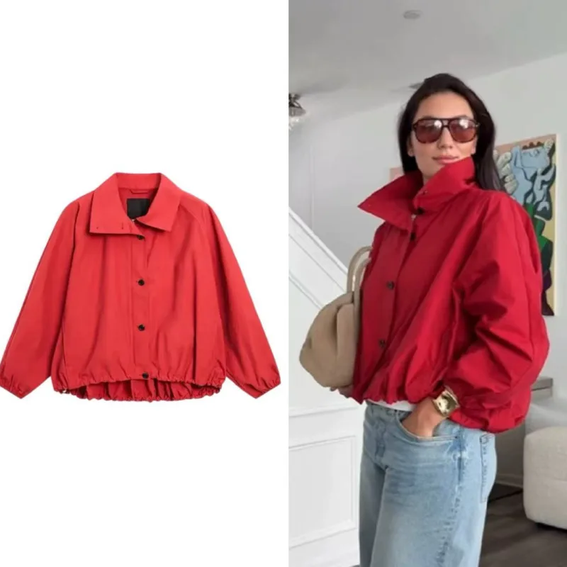 

2025 New Button High Street Short Jacket Zipper Fashion Long Sleeve Red Coat Turn Down Collar Loose Overcoat Women's Outerwear