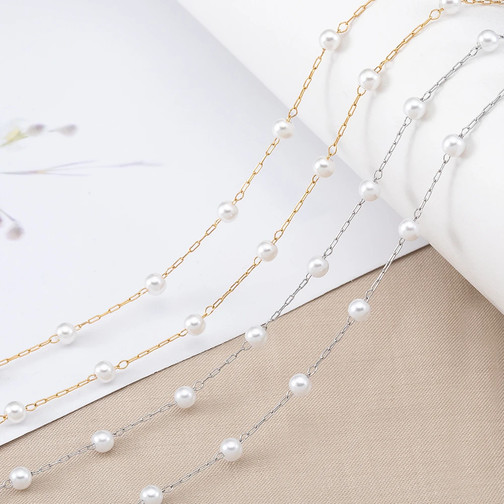 1M Stainless Steel Link Chain Imitation Pearl Ball Beads Chains Accessory DIY Beaded Necklace Bracelet Jewelry Making Findings