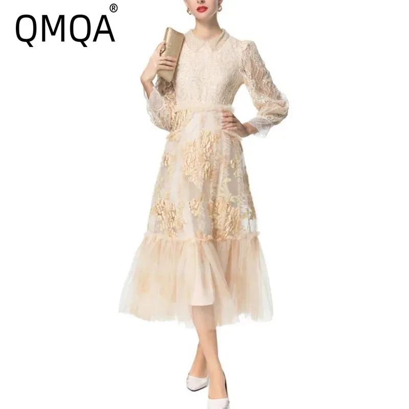 QMQA Fashion Women's Elegant Dresses Colorblock Spliced Ruffles Lapel Long Sleeve Embroidery Midi Dresses Female Clothing 1A518