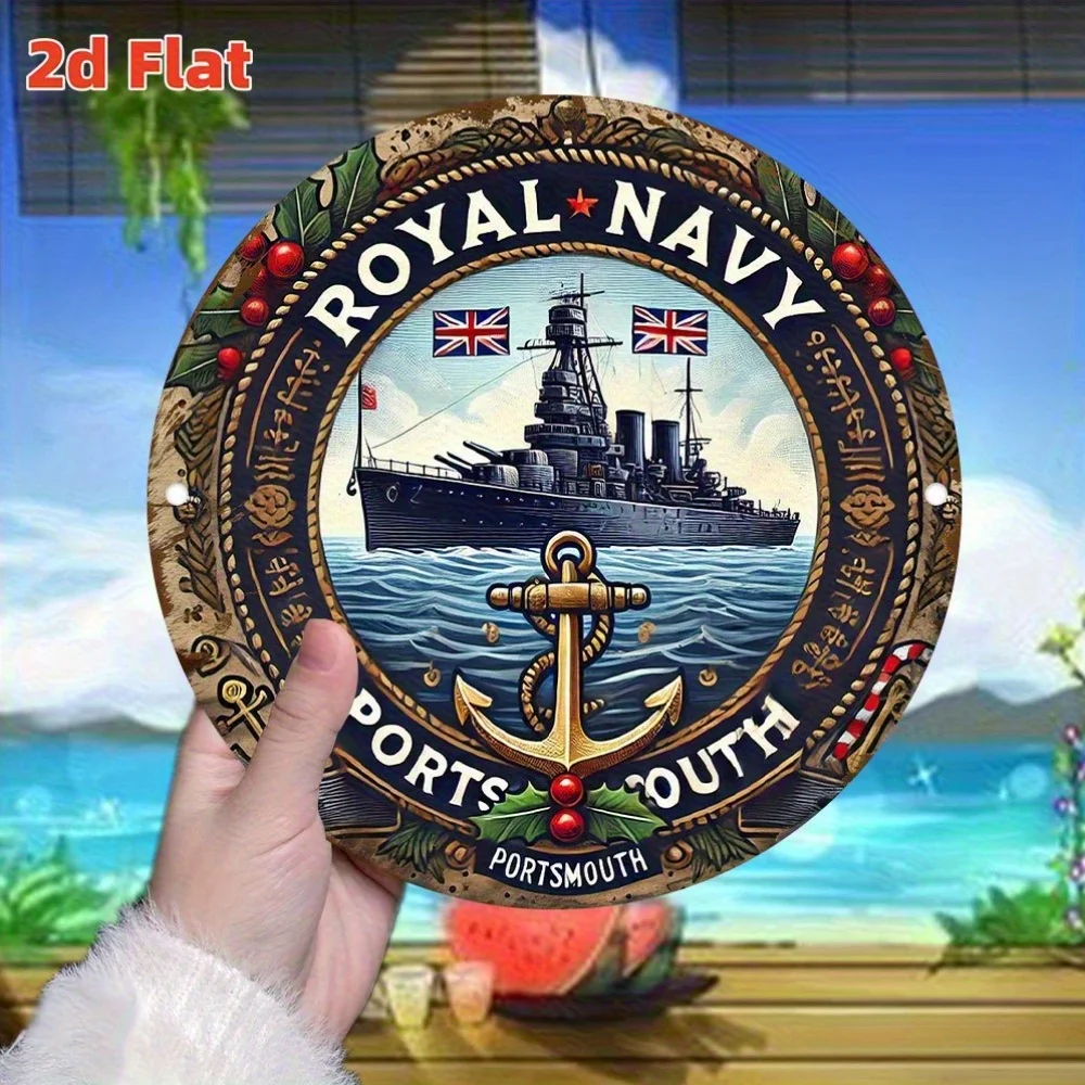 2D Flat Royal Navy Portsmouth Vintage Metallblechschild – 20,3 x 20,3 cm große Aluminium-Wandkunst mit detaillierter U-Boot-Illustration, perfekt