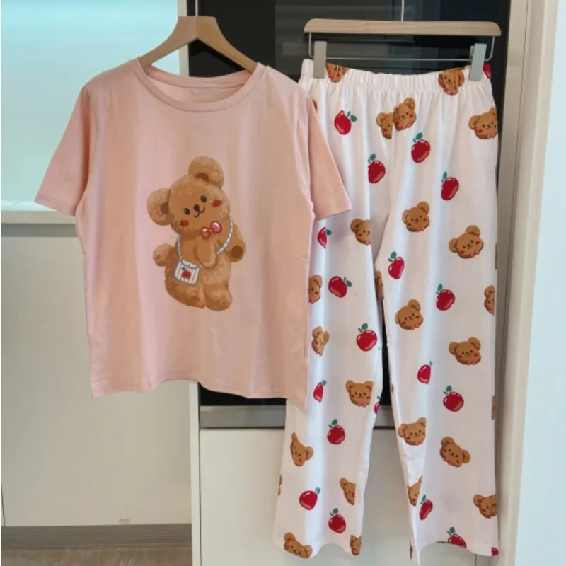 

Пижамы, женские летние топы и брюки, свободная ночная рубашка с милым мультяшным кроликом, комплект домашней одежды с круглым вырезом, модная милая одежда для сна