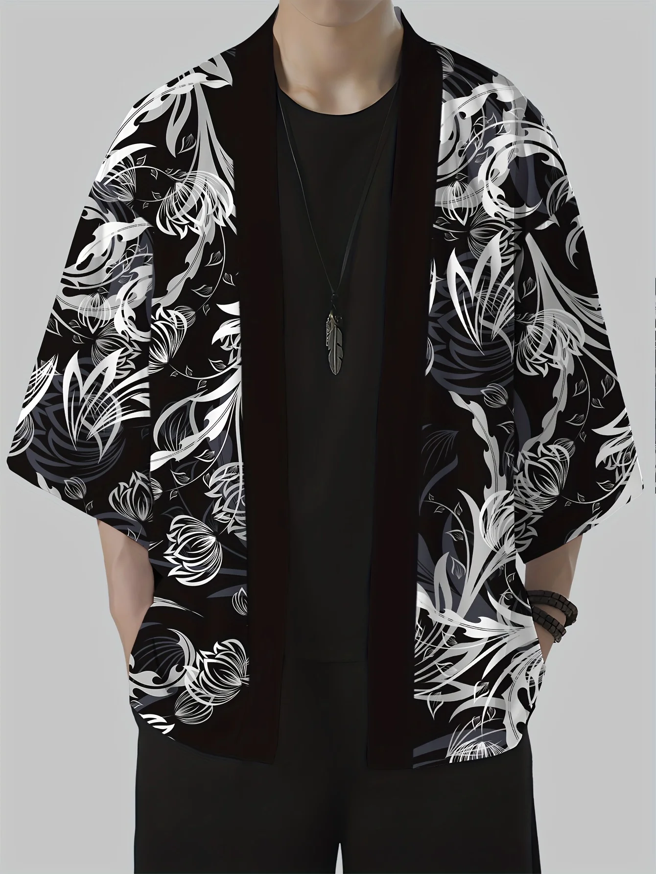 Men's Floral Print Loose-Fit Kimono Daily Wear Men's Japanese Kimono Traditional Japanese Relief Culture Mens Cape Kimono Style