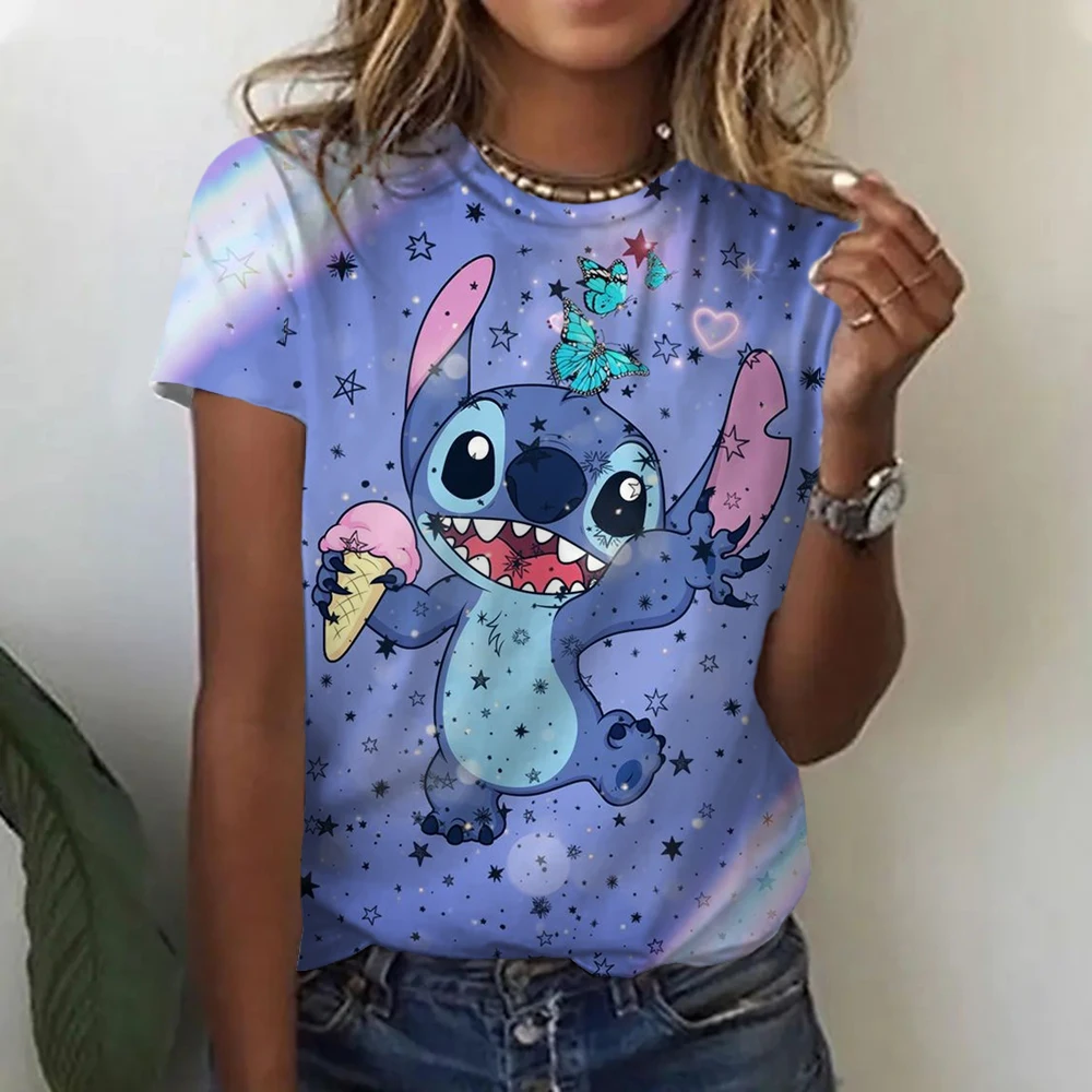 Kawaii Lilo Stitch Print T-shirts Tops for Women Lady Summer Children T-shirts Casual O-neck Ohana Stitch Disney T-shirts