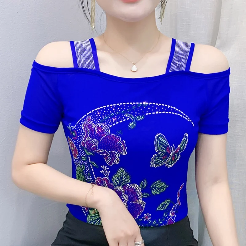 2026 Summer Women's Sexy Off Shoulder T-Shirt Fashion Flower Rhinestone Mesh Top Female Slim Chic Casual Blouse