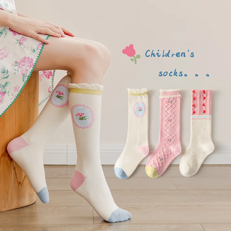 

3 Pairs Girls Long Socks Knee Socks Floral Cartoon Cotton Socks A Class Fabric Kids' Autumn Winter Socks