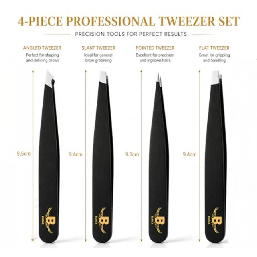Professional Tweezers Set for Women and Men, 4-Piece Stainless Steel Precision Eyebrow Tweezers Kit with Slant, Pointed, Flat a