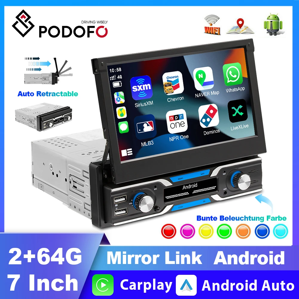 

Podofo 1din Car Radio GPS Navigation 7" Automatic Retractable Screen Android 2+64GB Multimedia Video Player For Universal No DVD