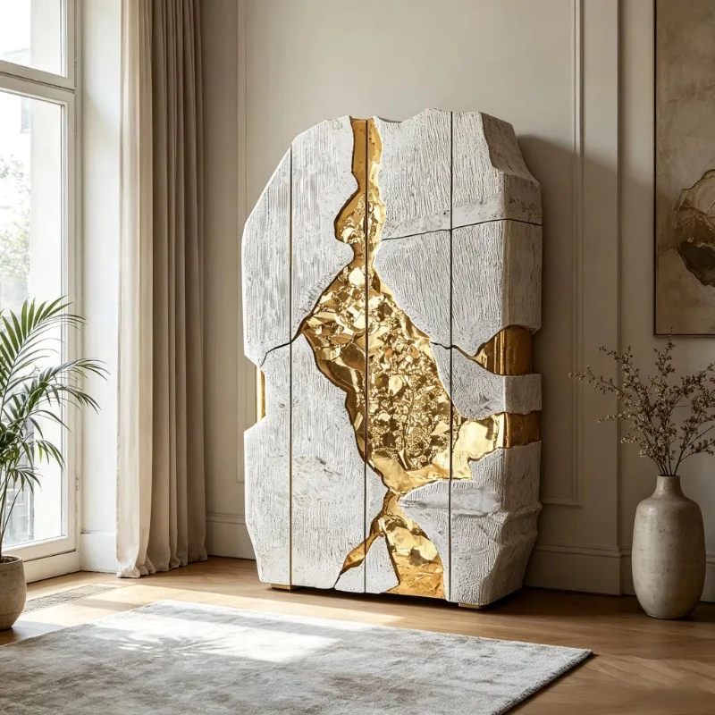 Gold-plated high cabinets in the shape of art fragments, matte stone decorative lockers, suitable for interior decoration