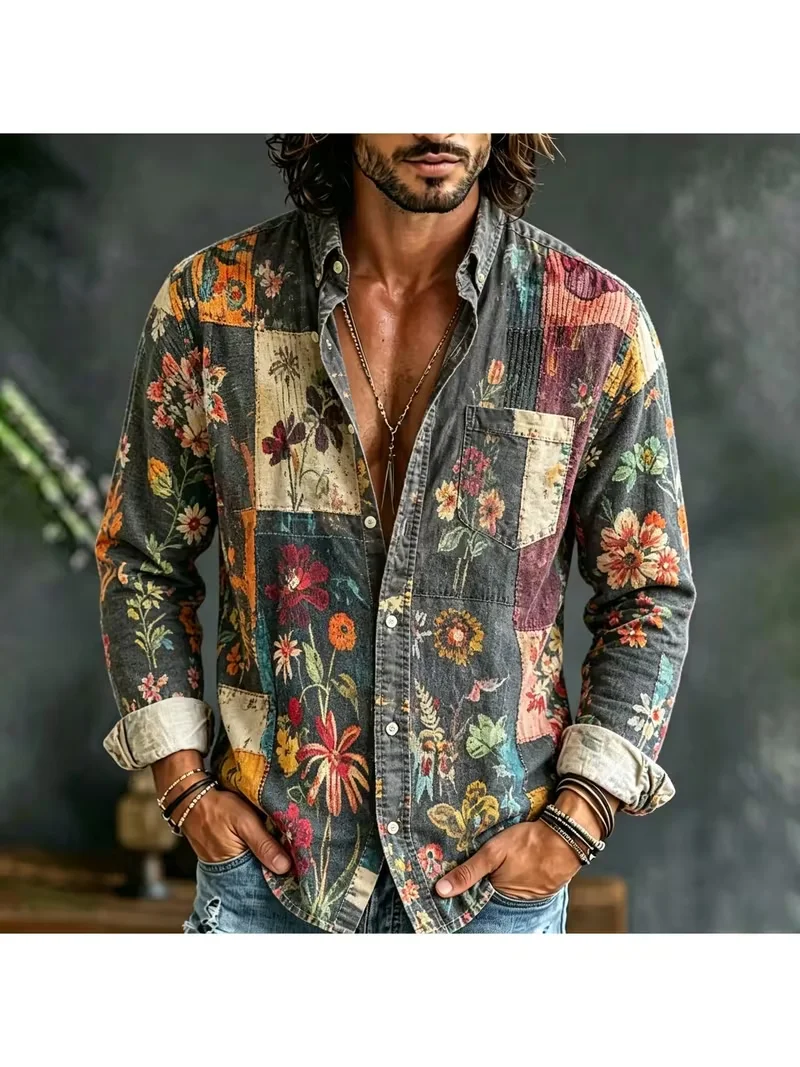 New Retro Color blocked Sun Moon Star Printed Shirt Bohemian Hippie Style Men's Loose Long Sleeve Shirt