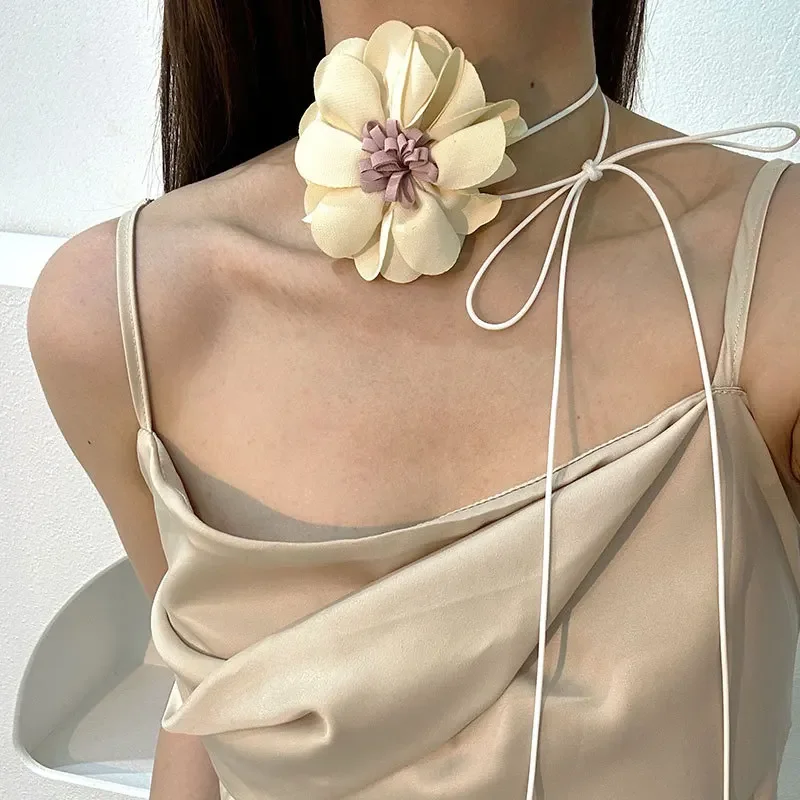 

Elegant Gothic Pink Big Flower Clavicle Chain Necklace Women Wed Bridal Mariage Sexy Adjustable Choker Jewelry Y2K Accessories