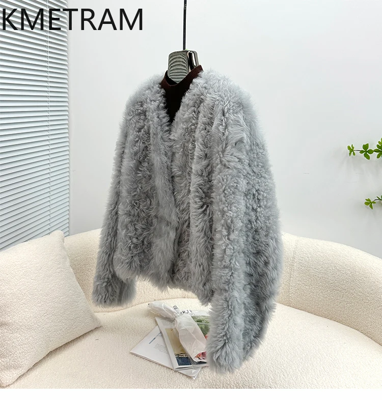 100% 천연 투스카니 양모 양가죽 양면 퍼 재킷 여성용 브이넥 숏 리얼 퍼 코트 여성 2025 겨울 의류 퍼