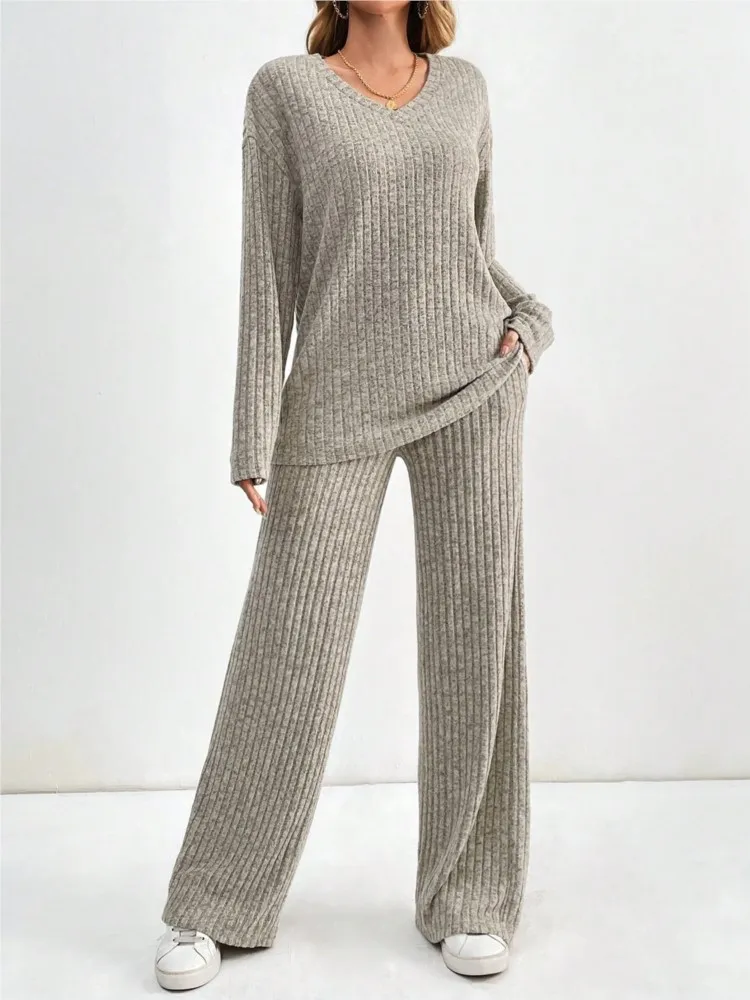 

Сплошной цвет, вязаный комплект из двух предметов для женщин, весенний модный свободный топ с v-образным вырезом + длинные брюки, костюм, осенний женский базовый наряд