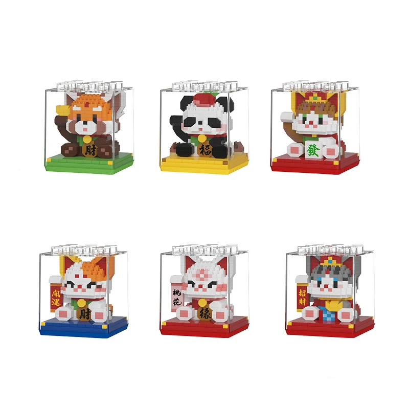 Lucky Animal Micro Building Blocks Lesser Panda Cat Maneki Neko Assembled 3D Model Mini Brick Figure Toys For Kids Gifts