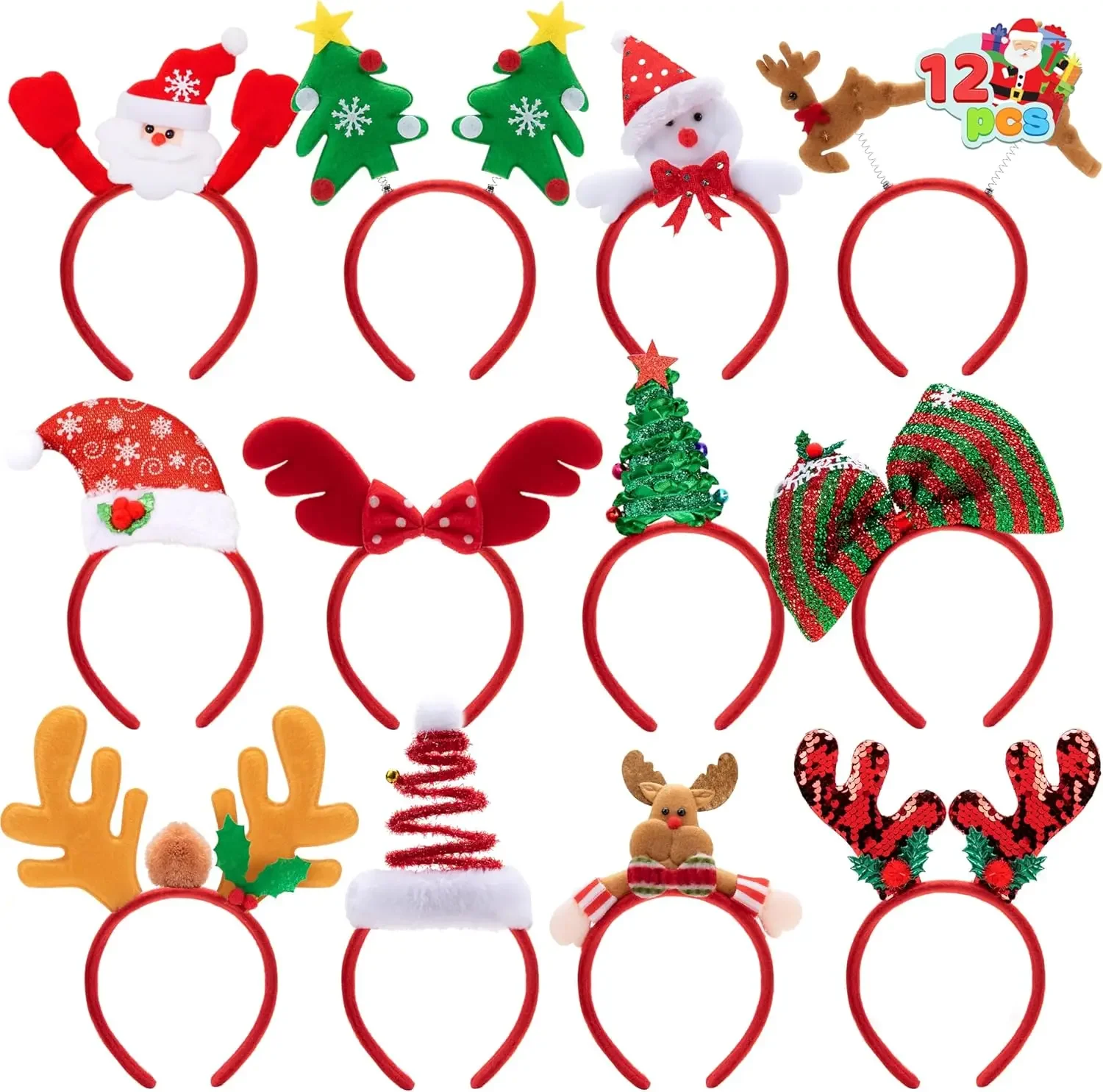 Sloosh, confezione da 12 fasce per capelli a tema natalizio, con design assortiti, ideali per le feste natalizie, per donne e uomini, perfette per feste di Natale e come regalini.