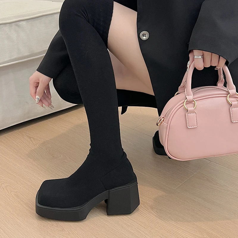 Women Over The Knee Sock Boots Platform Heels Shoes 2024 New Fashion Winter High Boots Thick Warm Cotton Shoes Pumps