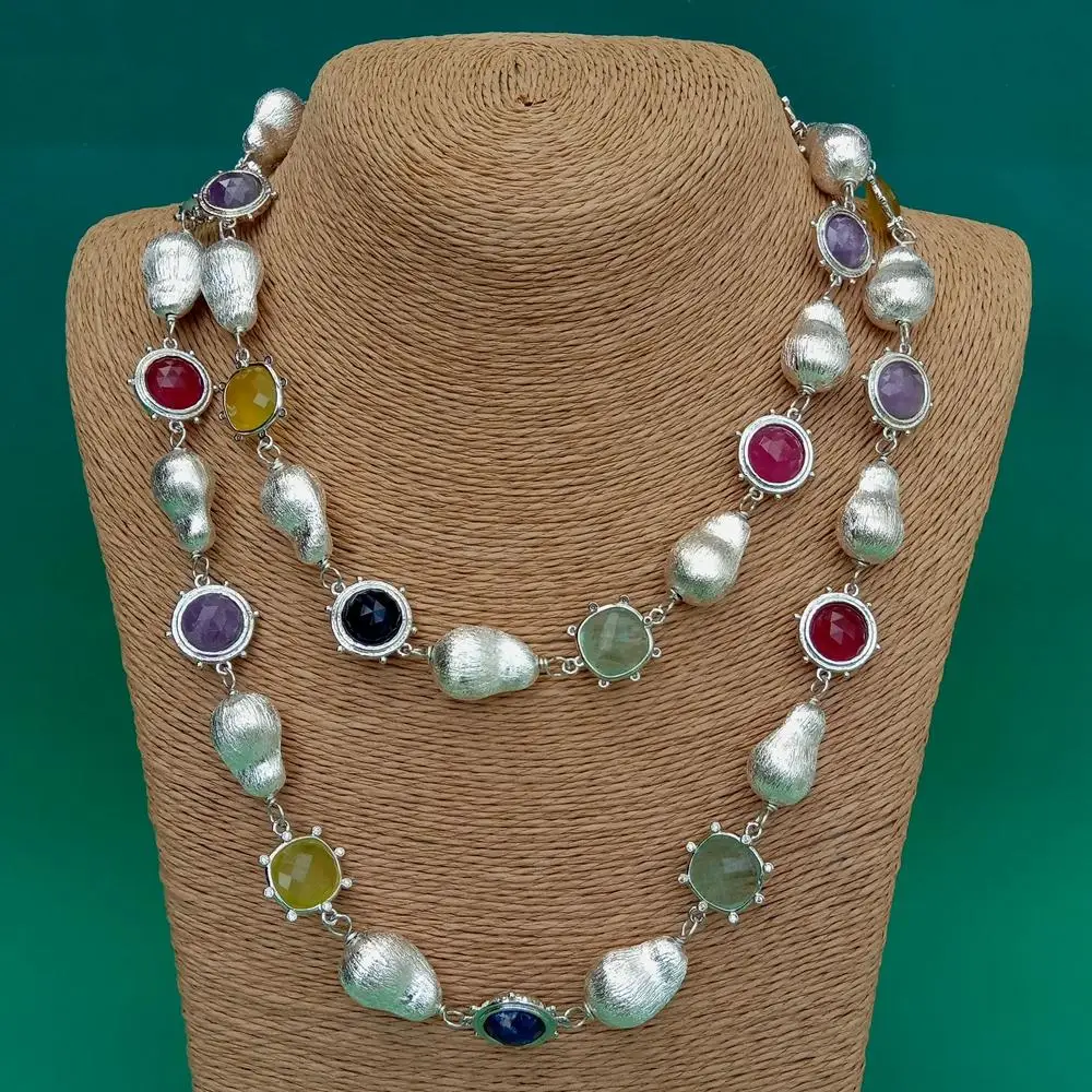 

KKGEM natural Fluorite Quartz Amethyst 13x19mm Brushed Bead Designer Jewelry Multi Color Gemstone Long Necklace