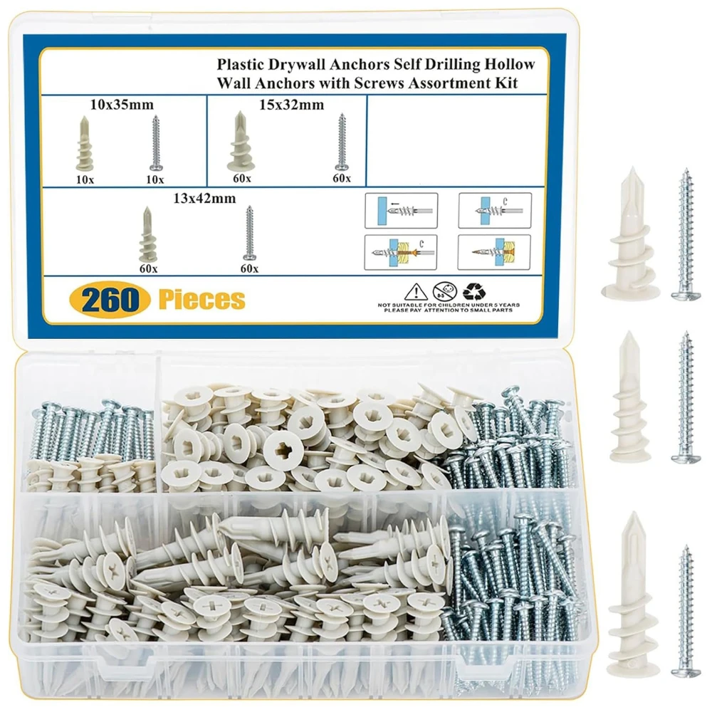 

260pcs Self Drilling Drywall Anchors Wall Anchors and Screws Gypsum Board Expansion Screw Expansion Anchor Self-tapping Screws