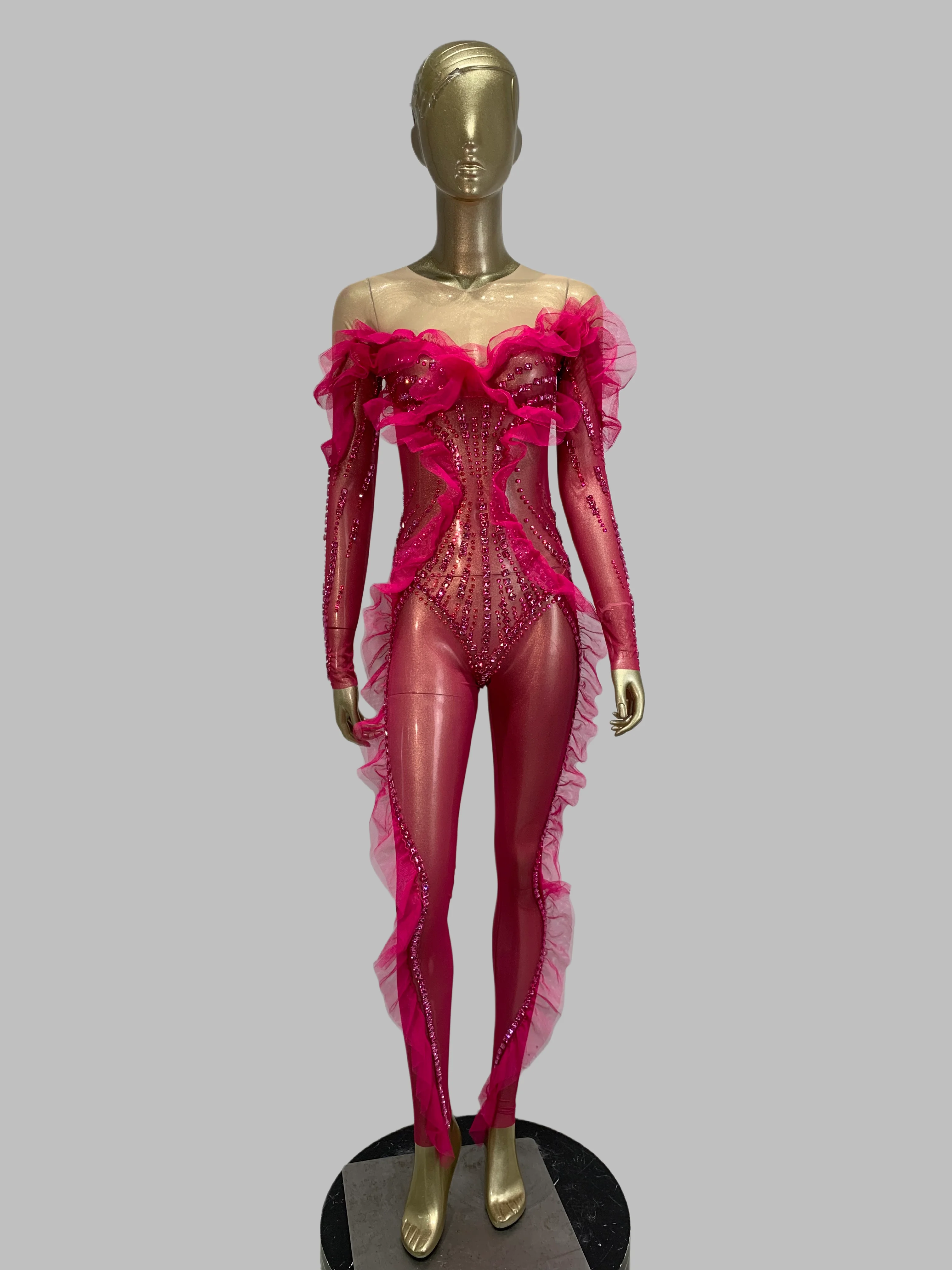 

Women Sexy Sheer Transparent Sparkly Rhinestones Long Sleeve Jumpsuit Birthday Evening Party Nightclub Stage Performance Costume