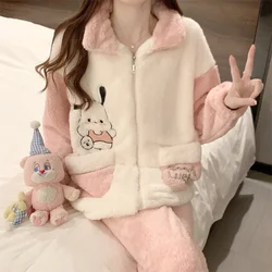 Sanrioed Cute Pochacco Winter Plush Pajamas Suit Anime Kawaii Cartoon Zipper Homewear Women Flannel Warm Plus Size Nightwear