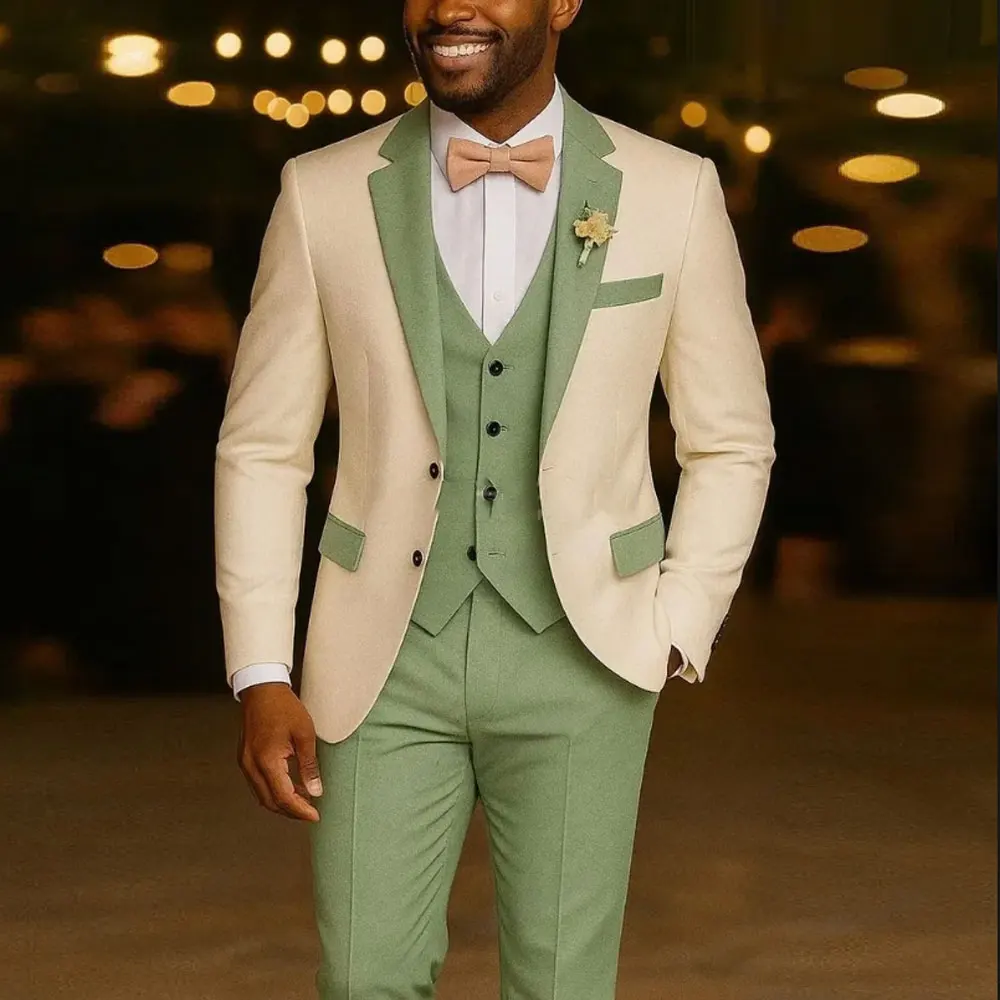 Trajes de traje para hombre, chaqueta de 3 piezas, chaleco verde claro, pantalones, esmoquin de boda, traje Formal masculino para padrinos de boda, graduación