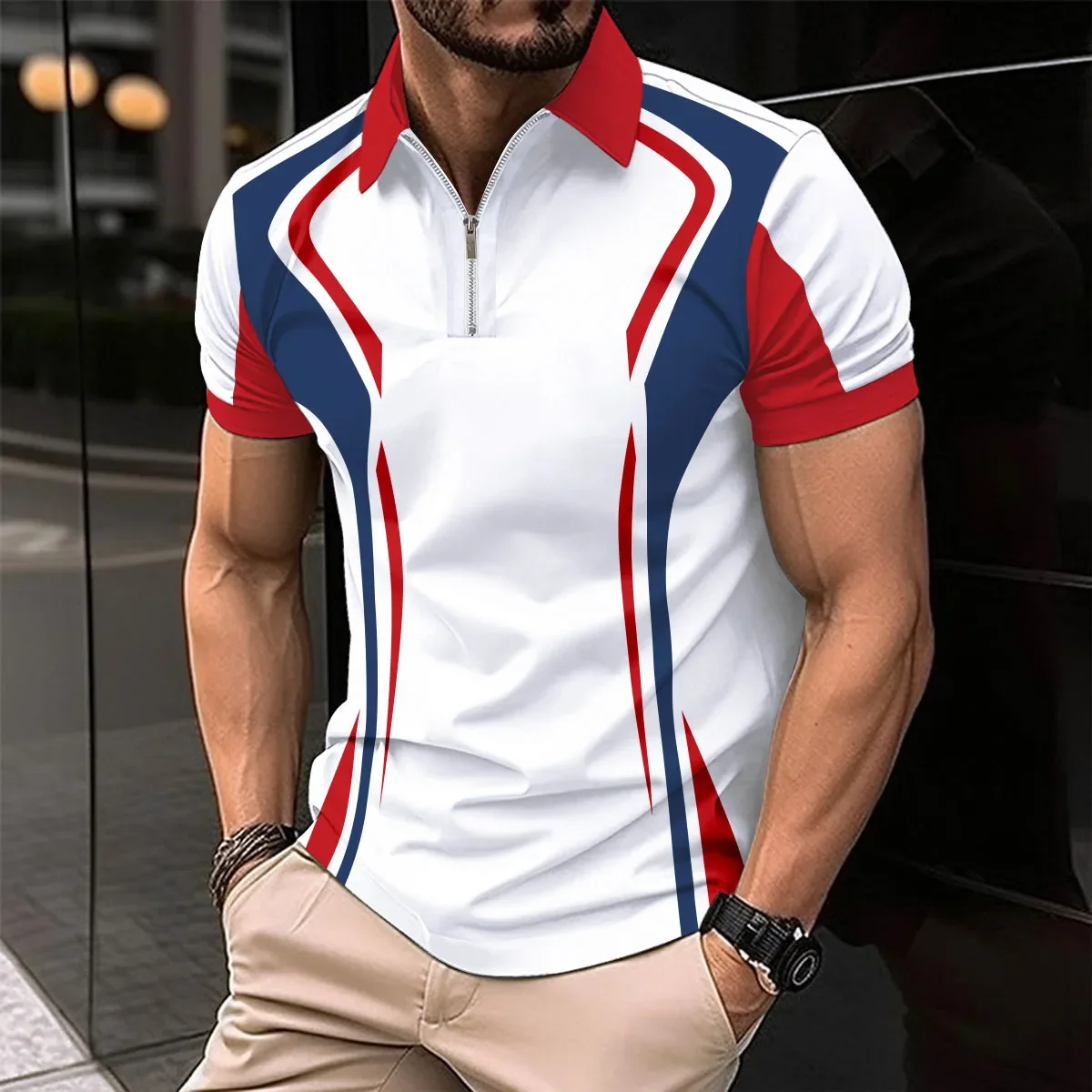 

The Best-Selling Summer Men's Polo Shirt Spliced Color Lapel Zipper Men's Short Sleeve Casual Sports Fashion Office Men's Top